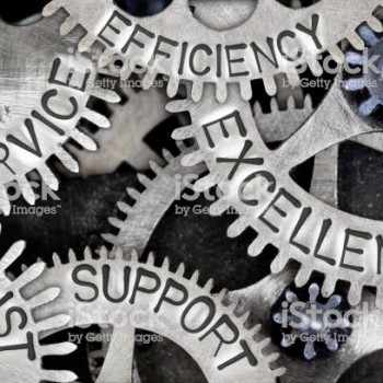 Macro photo of tooth wheel mechanism with EXCELLENCE, SUPPORT, EFFICIENCY, TRUST and SERVICE concept